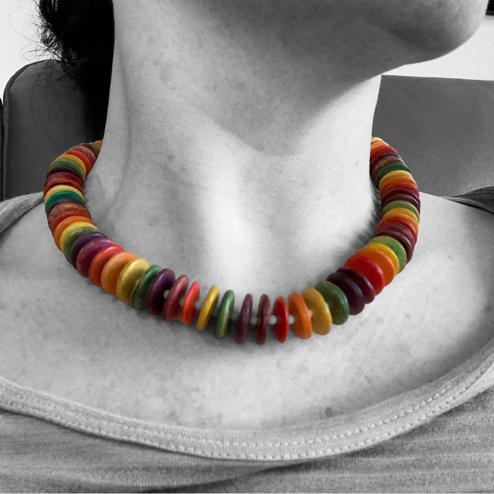 Vintage rainbow wooden discs handmade choker necklace costume jewelry